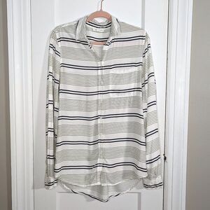 Beach Lunch Lounge | White Button Up Tunic Top Black & Green Stripes Women's Med